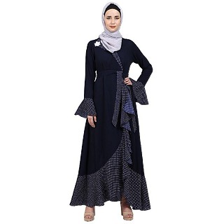Designer abaya with Polka dotted frills- Navy Blue